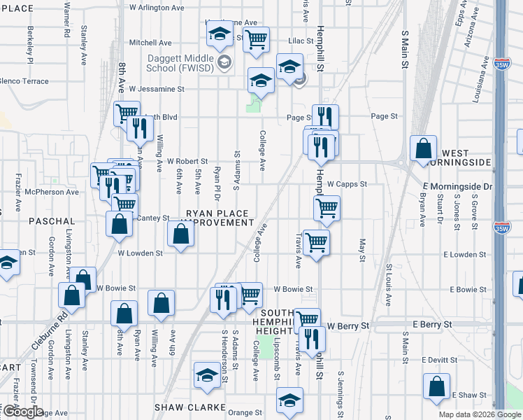 map of restaurants, bars, coffee shops, grocery stores, and more near 2731 College Avenue in Fort Worth