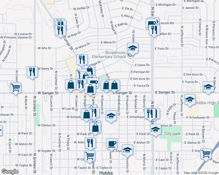 map of restaurants, bars, coffee shops, grocery stores, and more near 401 East Yucca Street in Hobbs