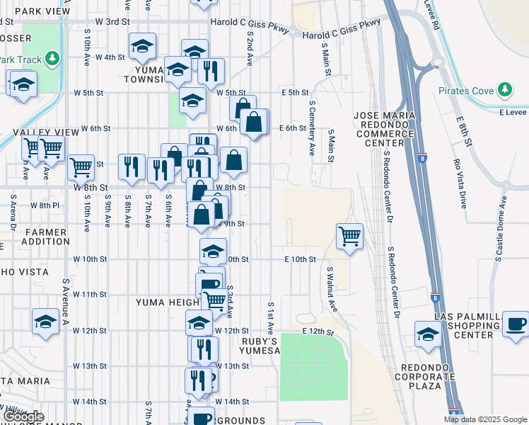 map of restaurants, bars, coffee shops, grocery stores, and more near 800 S 1st Ave in Yuma