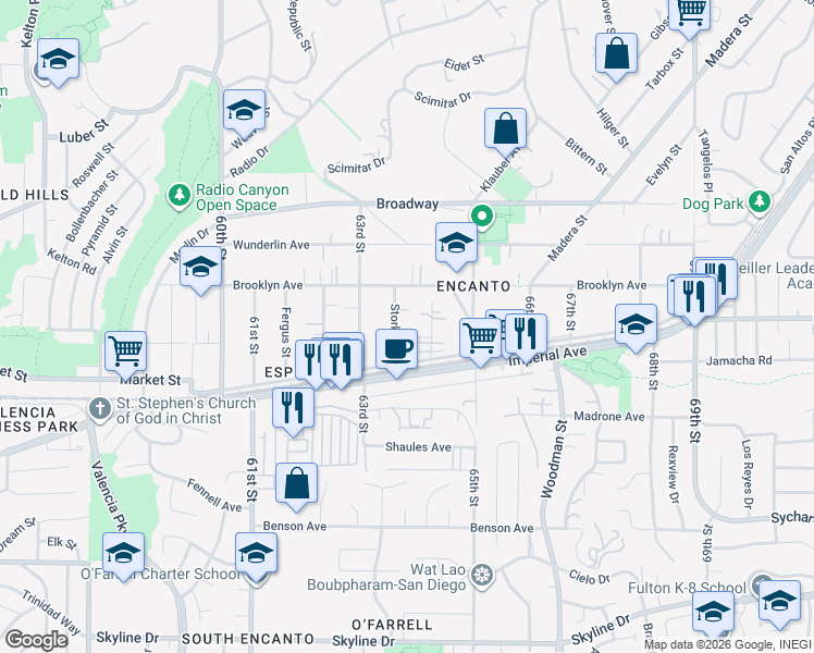 map of restaurants, bars, coffee shops, grocery stores, and more near 650 64th Street in San Diego