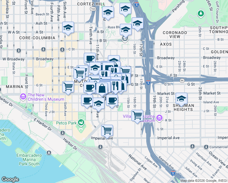 map of restaurants, bars, coffee shops, grocery stores, and more near in San Diego