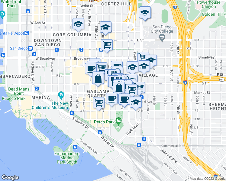 map of restaurants, bars, coffee shops, grocery stores, and more near 632 Eighth Avenue in San Diego