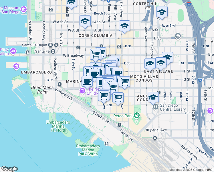 map of restaurants, bars, coffee shops, grocery stores, and more near 606 Third Avenue in San Diego