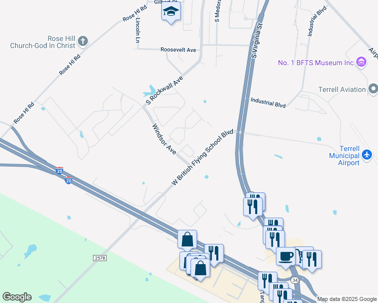 map of restaurants, bars, coffee shops, grocery stores, and more near 260 Farm to Market Road 2578 in Terrell