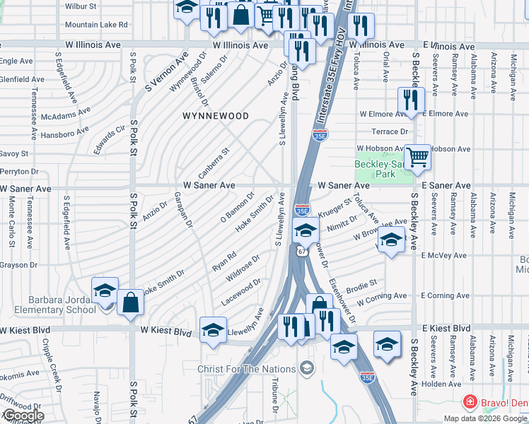 map of restaurants, bars, coffee shops, grocery stores, and more near 539 Hoke Smith Drive in Dallas