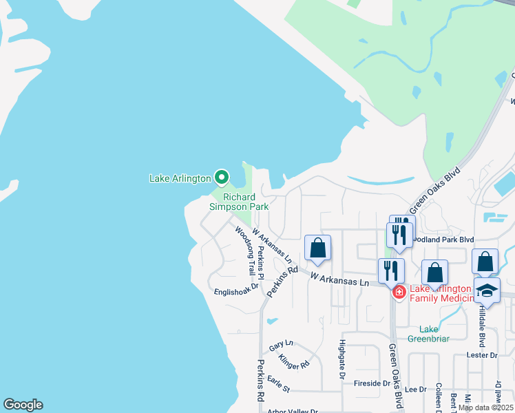map of restaurants, bars, coffee shops, grocery stores, and more near 6300 West Arkansas Lane in Arlington