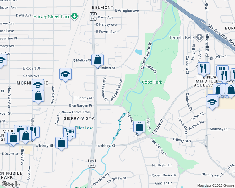map of restaurants, bars, coffee shops, grocery stores, and more near 2713 Belzise Terrace in Fort Worth