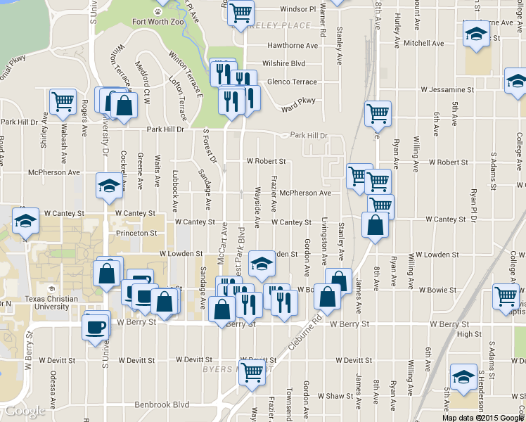 map of restaurants, bars, coffee shops, grocery stores, and more near 2716 Wayside Avenue in Fort Worth