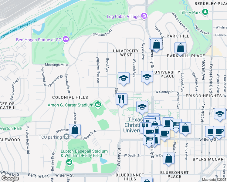 map of restaurants, bars, coffee shops, grocery stores, and more near 3417 West Cantey Street in Fort Worth