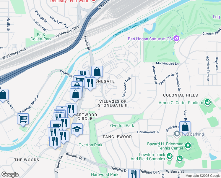 map of restaurants, bars, coffee shops, grocery stores, and more near 2881 Manorwood Trail in Fort Worth