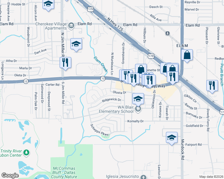 map of restaurants, bars, coffee shops, grocery stores, and more near 7507 Olusta Drive in Dallas