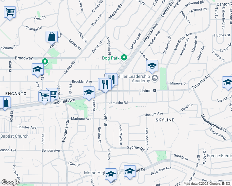 map of restaurants, bars, coffee shops, grocery stores, and more near 6955 Lisbon Street in San Diego