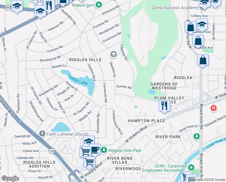 map of restaurants, bars, coffee shops, grocery stores, and more near 6463 Sumac Road in Fort Worth