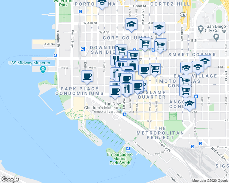 map of restaurants, bars, coffee shops, grocery stores, and more near 600 Front Street in San Diego