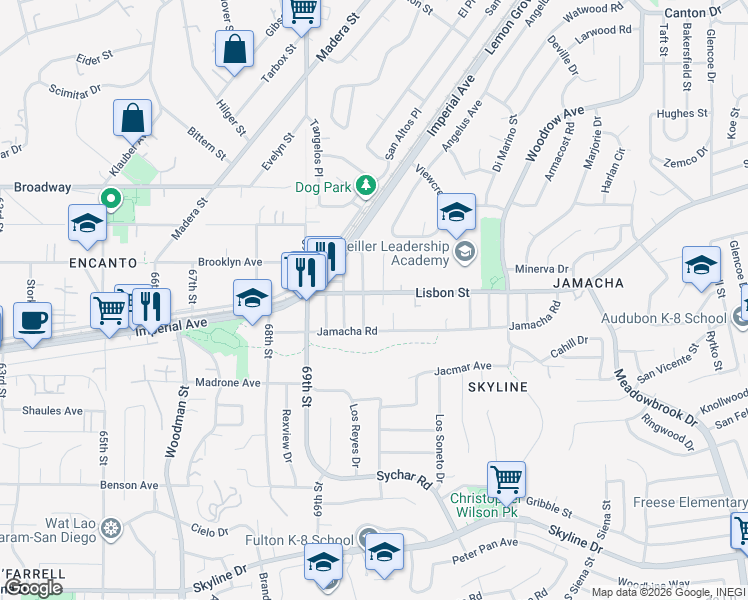 map of restaurants, bars, coffee shops, grocery stores, and more near 7023 Lisbon Street in San Diego