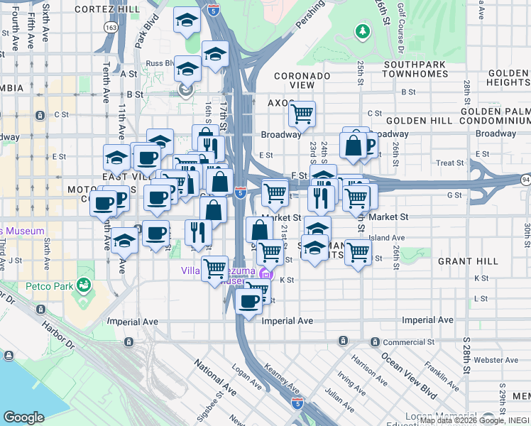 map of restaurants, bars, coffee shops, grocery stores, and more near 1940 Market Street in San Diego