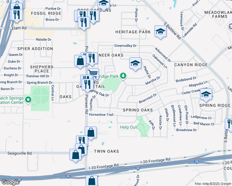 map of restaurants, bars, coffee shops, grocery stores, and more near 14112 Spring Oak Drive in Balch Springs