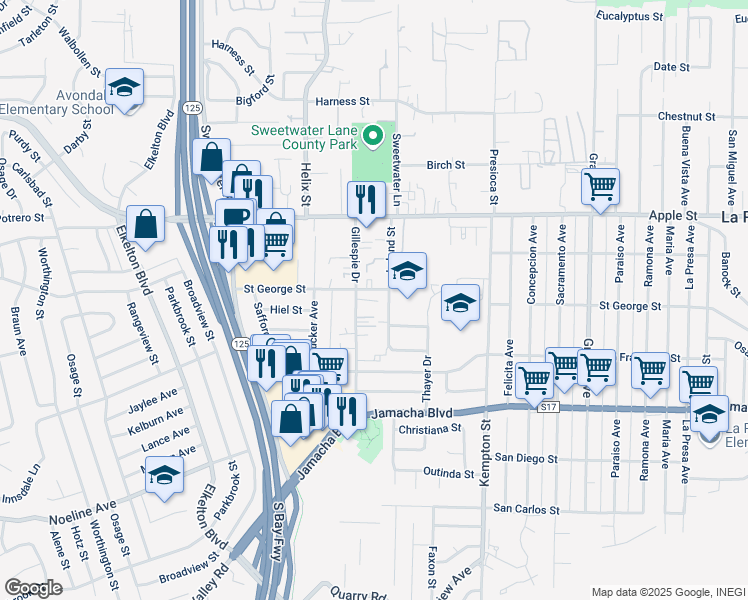 map of restaurants, bars, coffee shops, grocery stores, and more near 8955 Saint George Street in Spring Valley