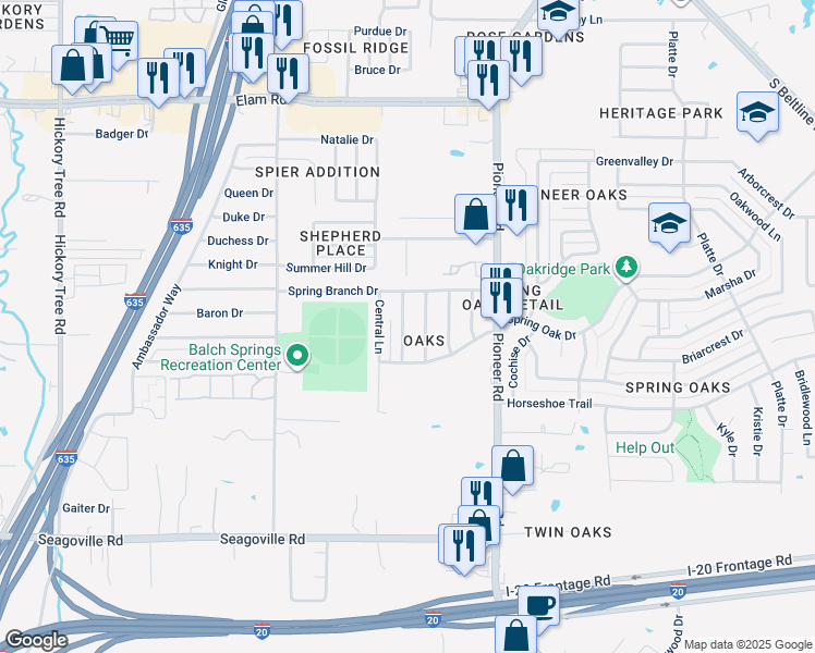 map of restaurants, bars, coffee shops, grocery stores, and more near 4224 Linda Lane in Balch Springs