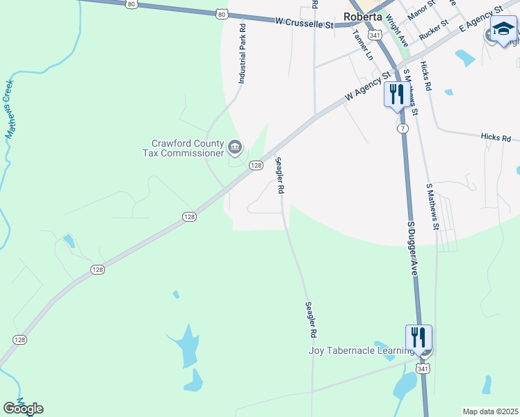 map of restaurants, bars, coffee shops, grocery stores, and more near 225 Myrtle Drive in Roberta