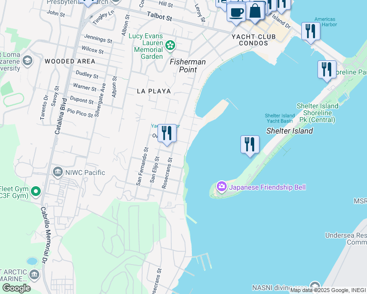 map of restaurants, bars, coffee shops, grocery stores, and more near 2939 Owen Street in San Diego