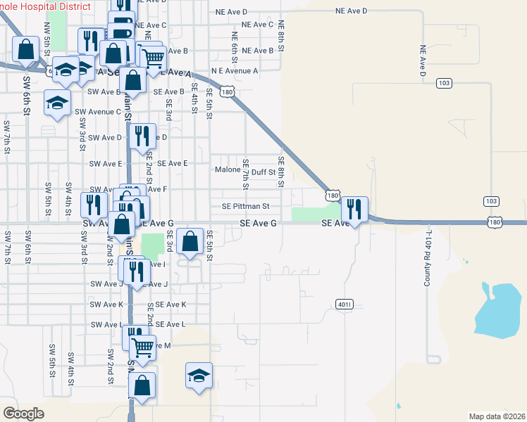map of restaurants, bars, coffee shops, grocery stores, and more near 210 SE Pittman St in Seminole