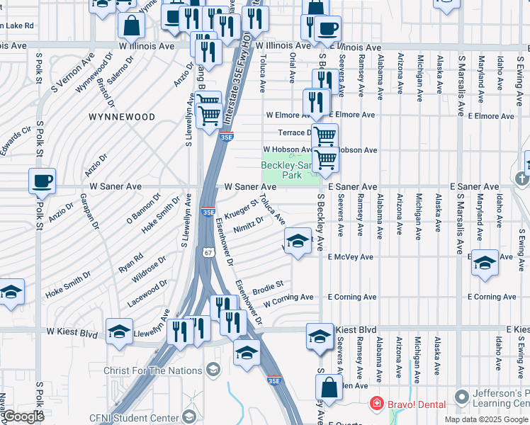 map of restaurants, bars, coffee shops, grocery stores, and more near 311 Nimitz Drive in Dallas