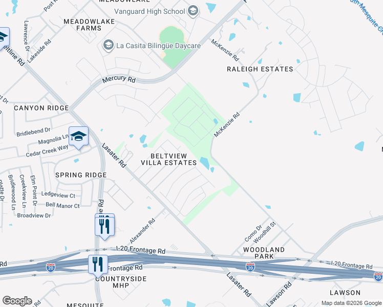 map of restaurants, bars, coffee shops, grocery stores, and more near 189 Stanfield Drive in Mesquite