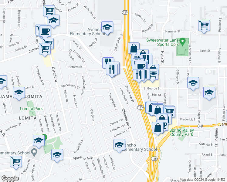 map of restaurants, bars, coffee shops, grocery stores, and more near 936 Elkelton Boulevard in Spring Valley