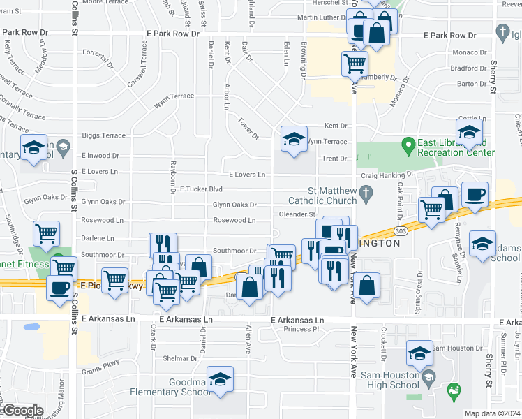 map of restaurants, bars, coffee shops, grocery stores, and more near 1606 Glynn Oaks Drive in Arlington