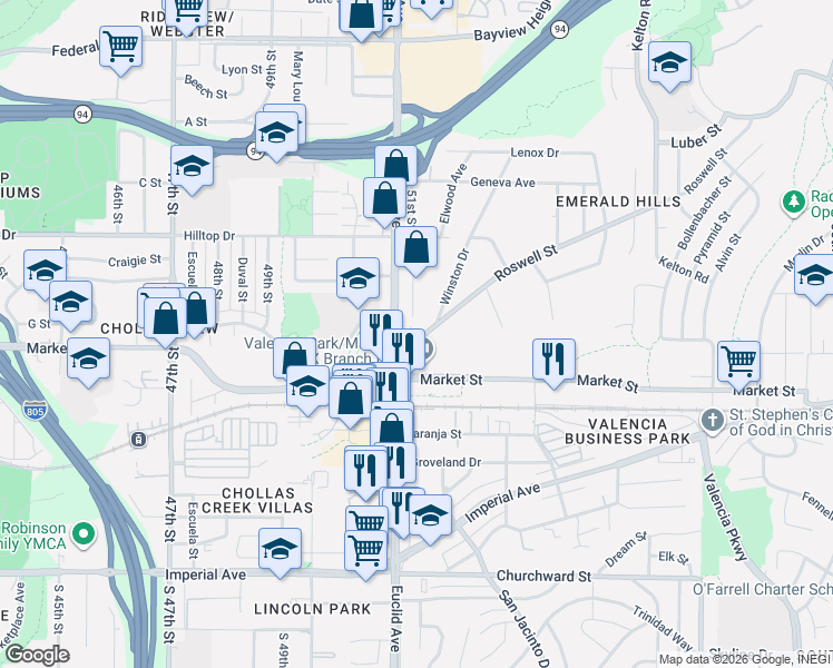 map of restaurants, bars, coffee shops, grocery stores, and more near 5120 Roswell Street in San Diego