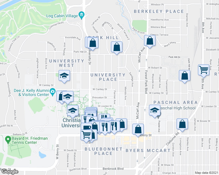 map of restaurants, bars, coffee shops, grocery stores, and more near 2724 Waits Avenue in Fort Worth