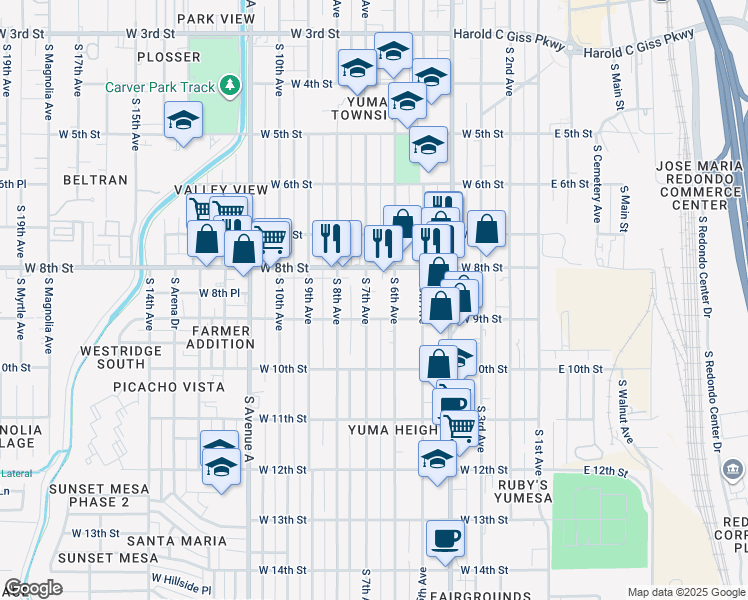 map of restaurants, bars, coffee shops, grocery stores, and more near 858 South 7th Avenue in Yuma
