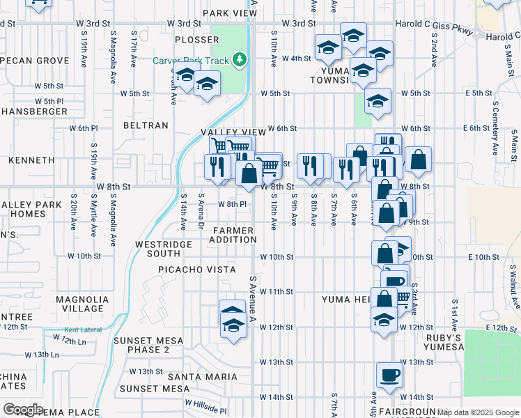 map of restaurants, bars, coffee shops, grocery stores, and more near 833 South Avenue A in Yuma