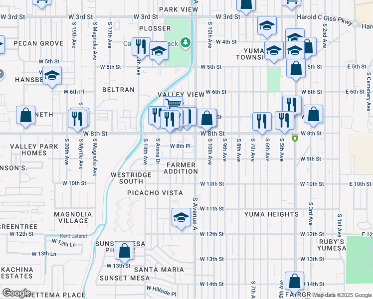 map of restaurants, bars, coffee shops, grocery stores, and more near West 8th Place in Yuma