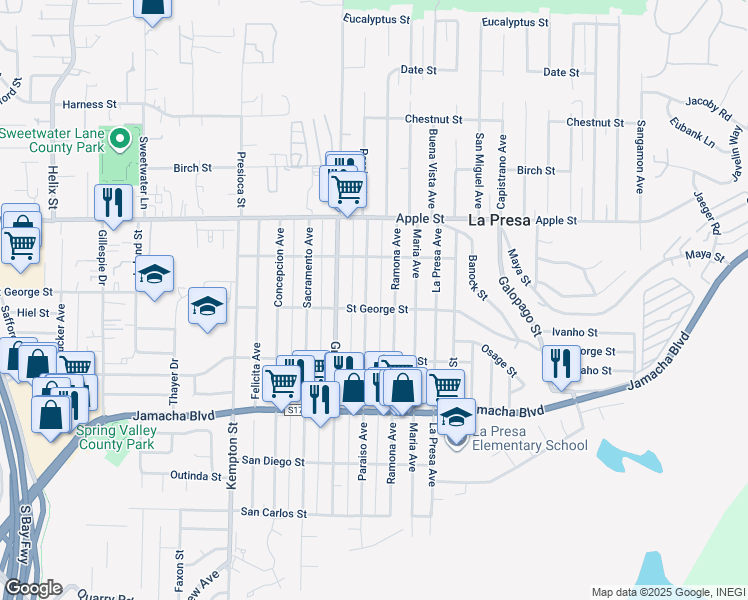map of restaurants, bars, coffee shops, grocery stores, and more near 812 Ramona Avenue in Spring Valley