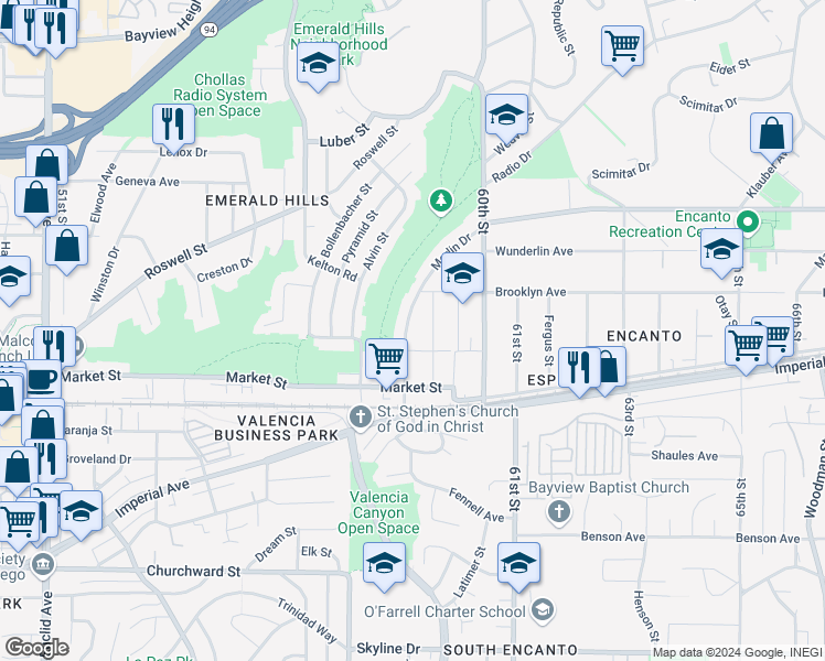 map of restaurants, bars, coffee shops, grocery stores, and more near 645 Merlin Drive in San Diego