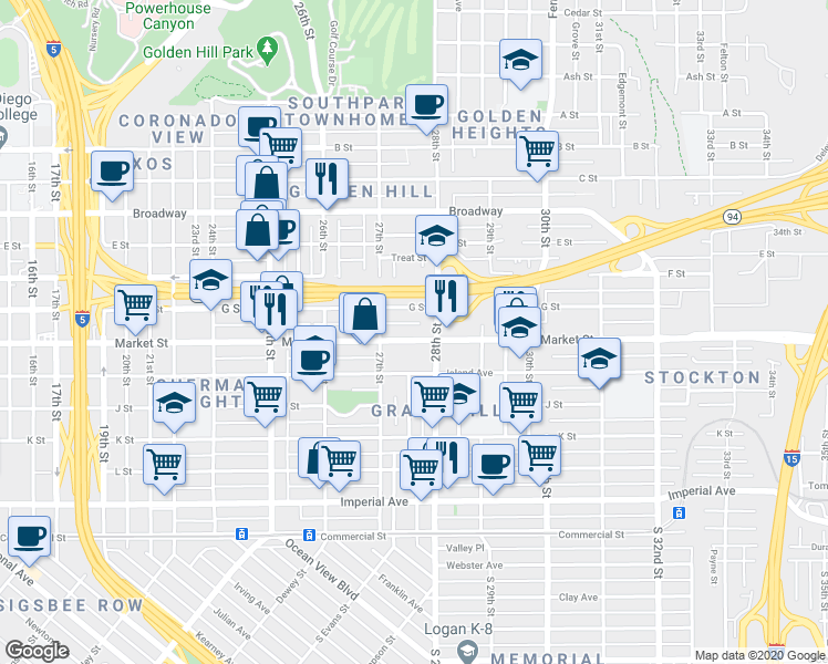 map of restaurants, bars, coffee shops, grocery stores, and more near 2736 Market Street in San Diego