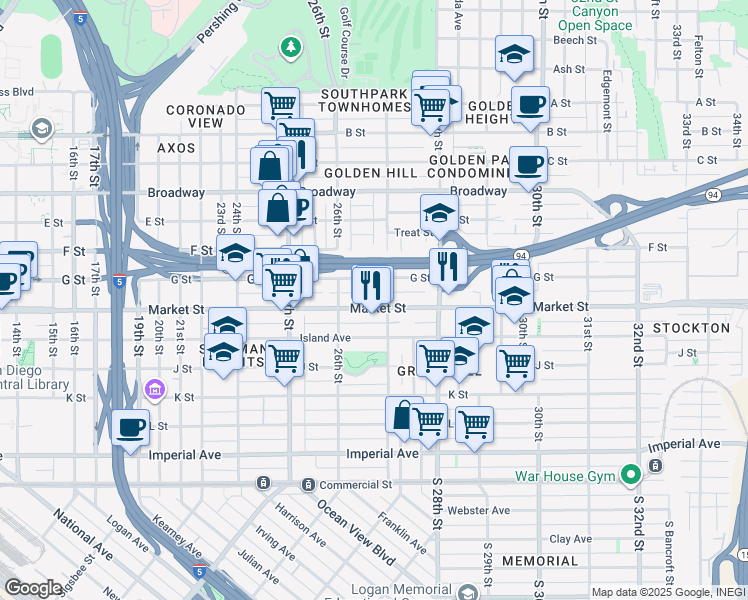 map of restaurants, bars, coffee shops, grocery stores, and more near 2672 Market Street in San Diego
