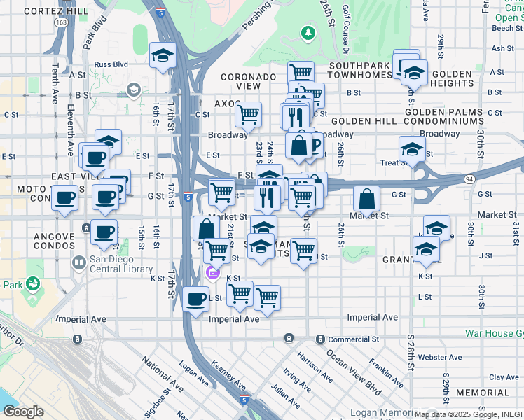 map of restaurants, bars, coffee shops, grocery stores, and more near 605 24th Street in San Diego