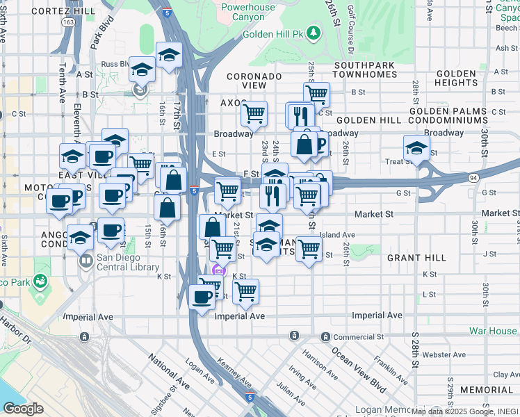 map of restaurants, bars, coffee shops, grocery stores, and more near 625 22nd Street in San Diego