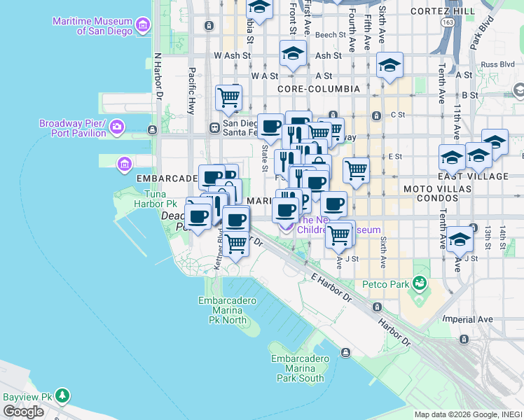 map of restaurants, bars, coffee shops, grocery stores, and more near 633 State Street in San Diego