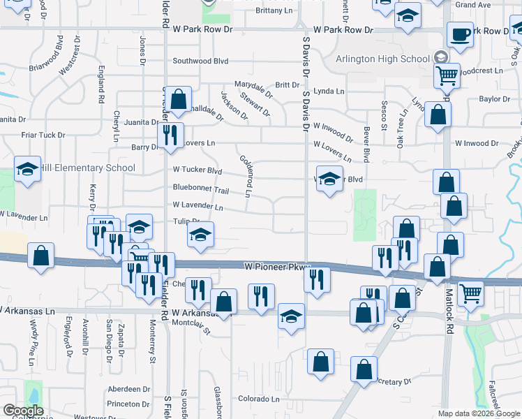 map of restaurants, bars, coffee shops, grocery stores, and more near 1309 West Lavender Lane in Arlington