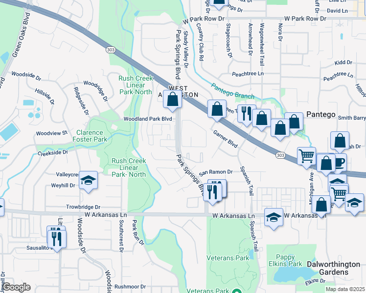 map of restaurants, bars, coffee shops, grocery stores, and more near 2105 Park Springs Circle in Arlington