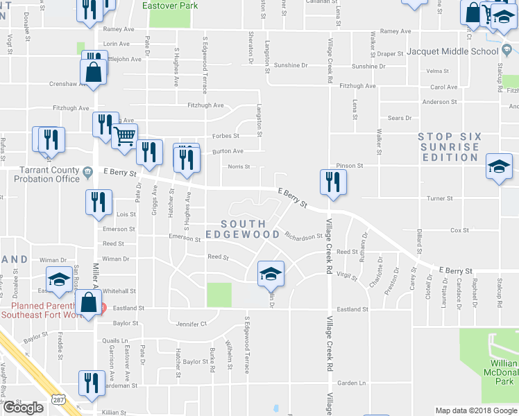 map of restaurants, bars, coffee shops, grocery stores, and more near 4700 East Berry Street in Fort Worth