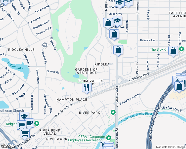 map of restaurants, bars, coffee shops, grocery stores, and more near 4924 Winthrop Avenue West in Fort Worth