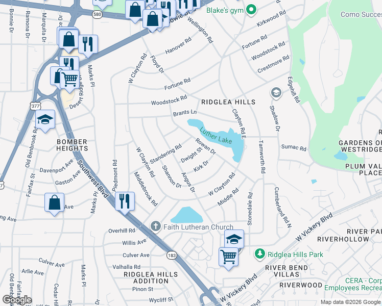 map of restaurants, bars, coffee shops, grocery stores, and more near 6808 Dwight Street in Fort Worth