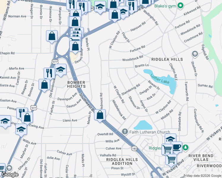 map of restaurants, bars, coffee shops, grocery stores, and more near 4004 Rothington Road in Fort Worth