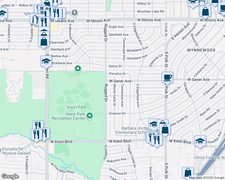 map of restaurants, bars, coffee shops, grocery stores, and more near 3103 Monte Carlo Street in Dallas