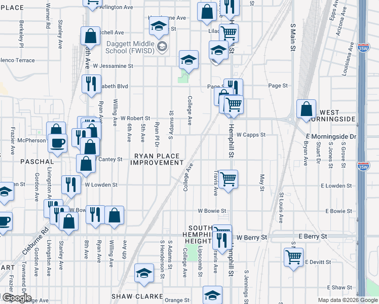 map of restaurants, bars, coffee shops, grocery stores, and more near 2731 College Avenue in Fort Worth